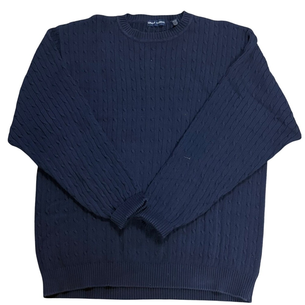Grant Thomas Navy Blue Cable Knit Crew Neck Sweater Large Ribbed Trim